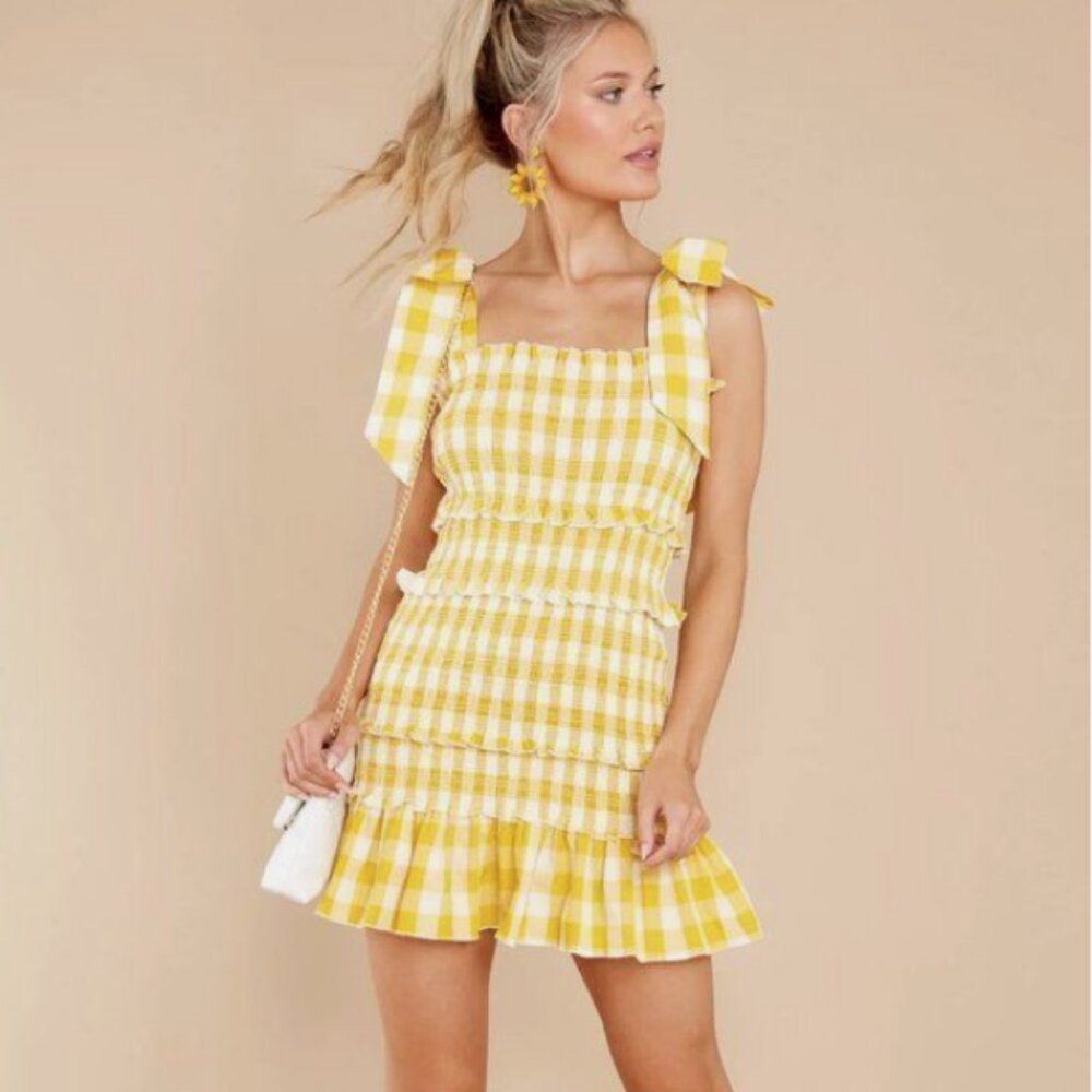 Mable salmon tiered gingham mini dress, boutique NWOT Large - Picture 3 of 6